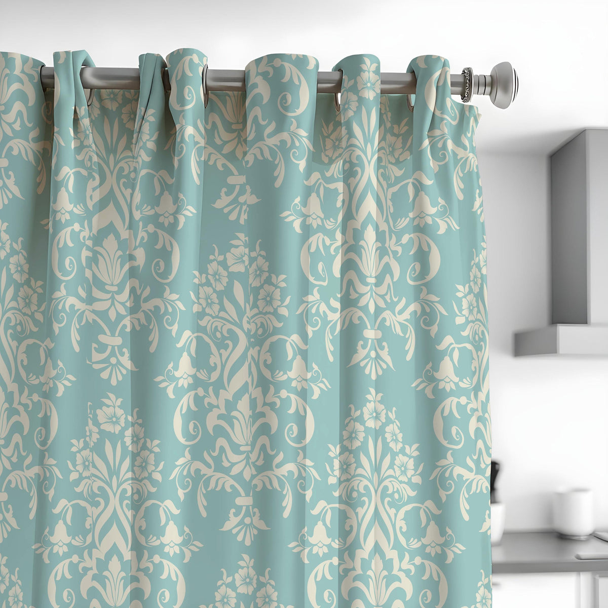 Teal Damask Curtains, Classic Floral Pattern Window Drapes