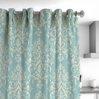Teal Damask Curtains, Classic Floral Pattern Window Drapes