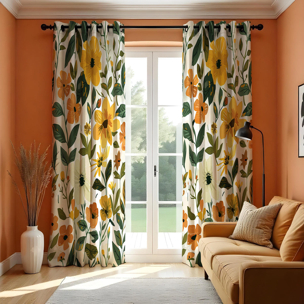Yellow Floral Print Curtains, Summer Botanical Drapes