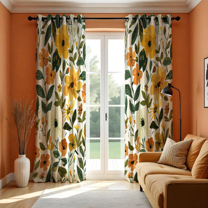 Yellow Floral Print Curtains, Summer Botanical Drapes