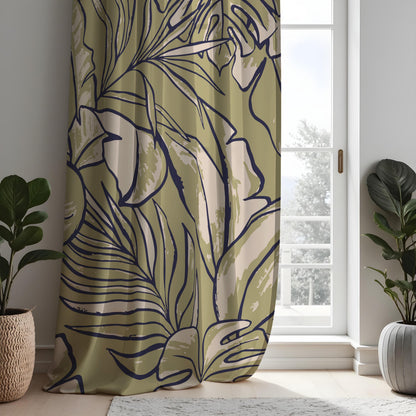 Large Leaf Line Art Curtains, Minimalist Botanical Drapes