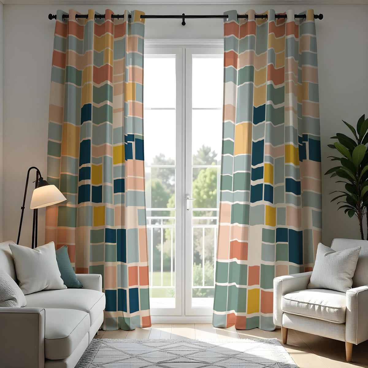 Multicolor Color Block Curtains, Retro Geometric Drapes