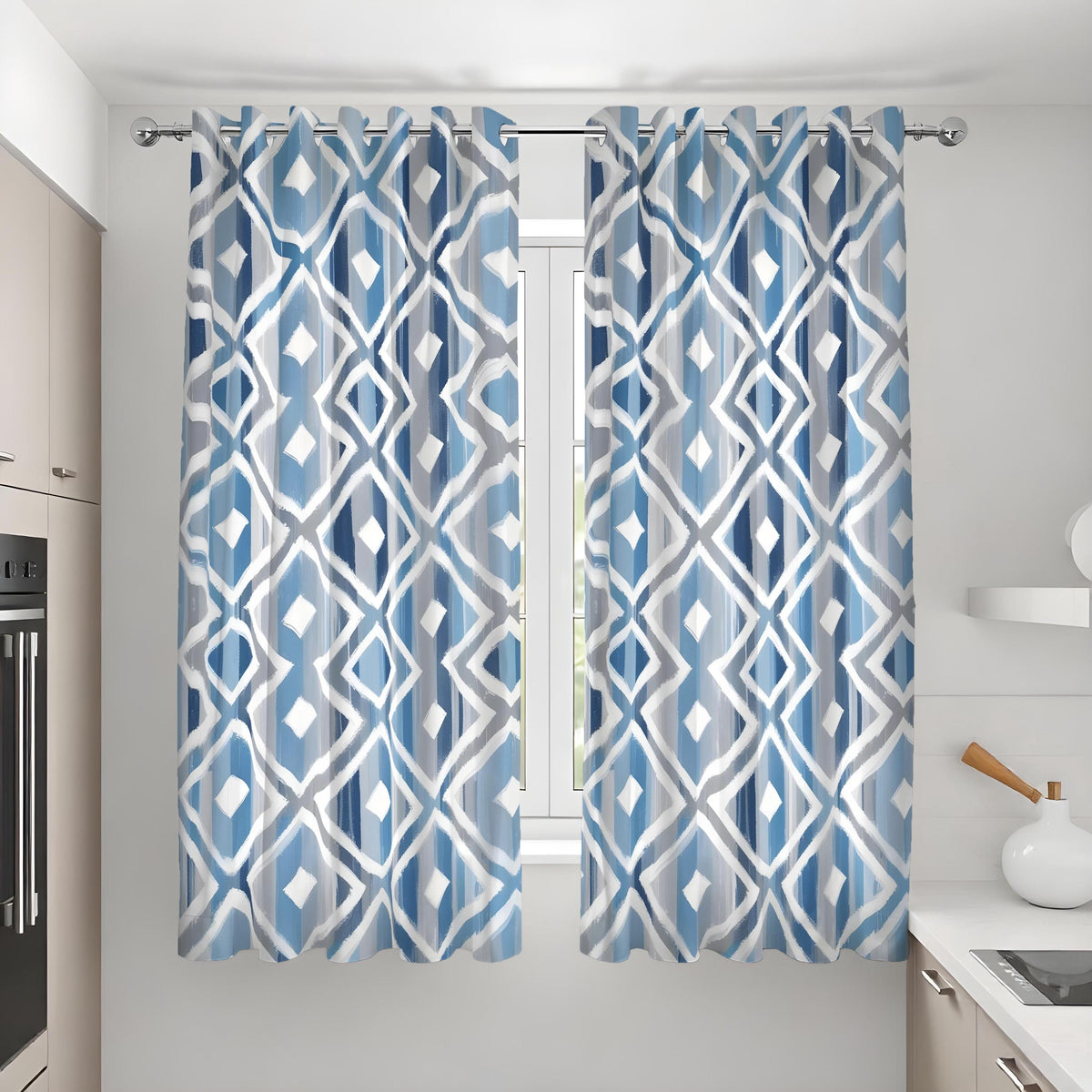 Blue Diamond Geometric Curtains, Coastal Modern Drapes