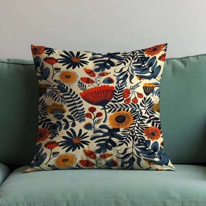 Folk Art Floral Cushion Cover, Bold Botanical Print Pillow Case