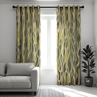 Green Abstract Wave Curtains, Retro Organic Wavy Drapes