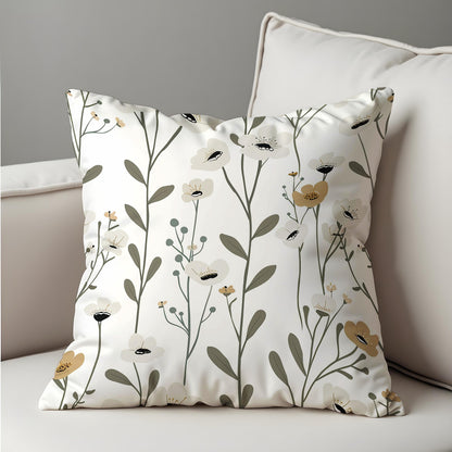 Minimalist Floral Cushion Cover, White & Beige Wildflower Pillow Case