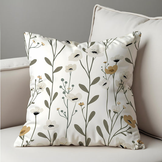 Minimalist Floral Cushion Cover, White & Beige Wildflower Pillow Case