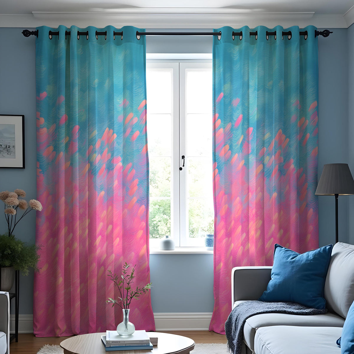 Pink Blue Ombre Curtains, Gradient Abstract Window Drapes