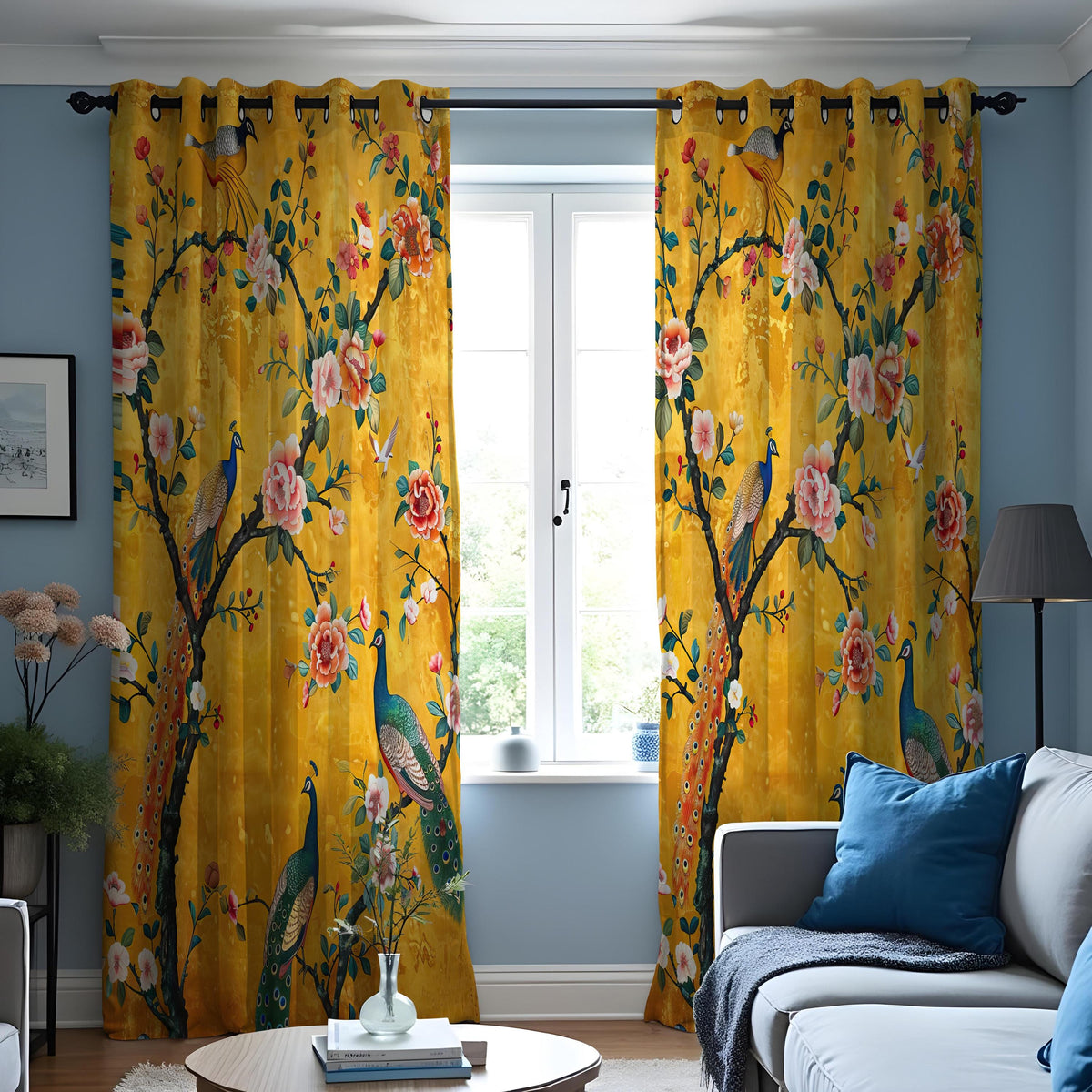 Yellow Chinoiserie Peacock Curtains, Floral Window Drapes
