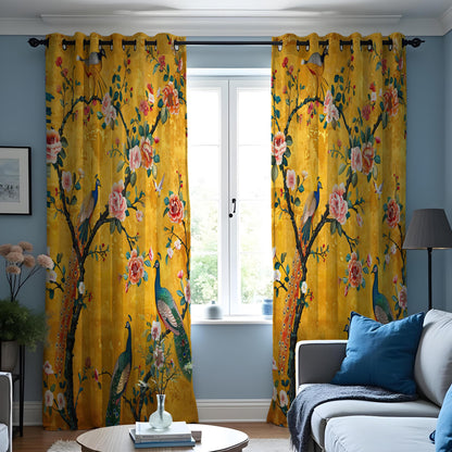 Yellow Chinoiserie Peacock Curtains, Floral Window Drapes