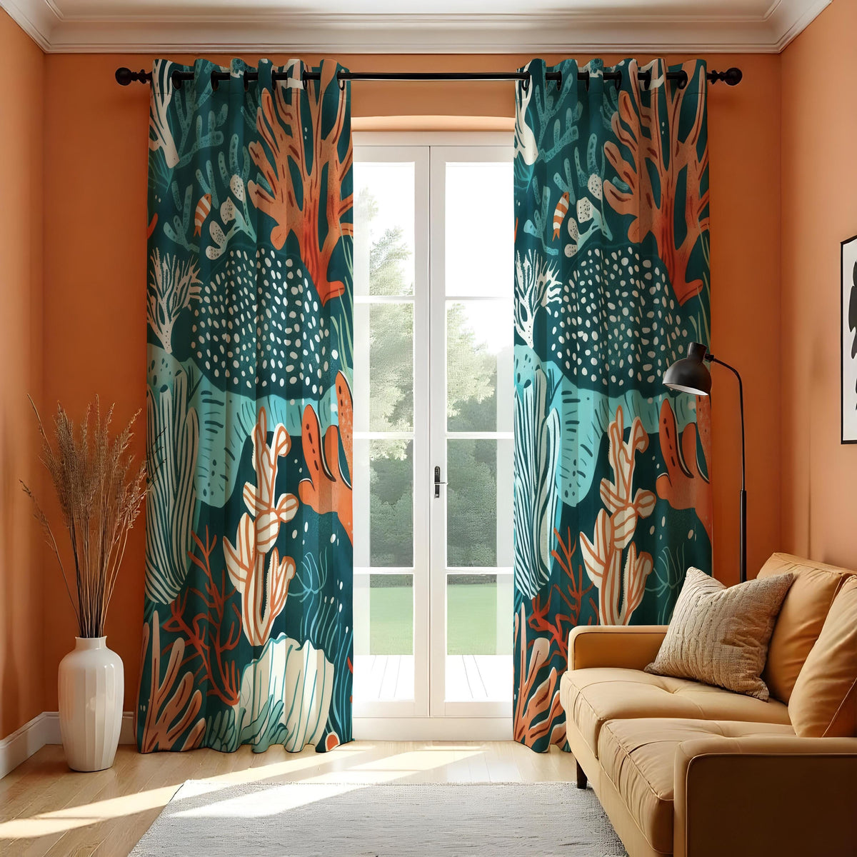 Teal Coral Reef Curtains, Ocean Fish & Sea Life Drapes