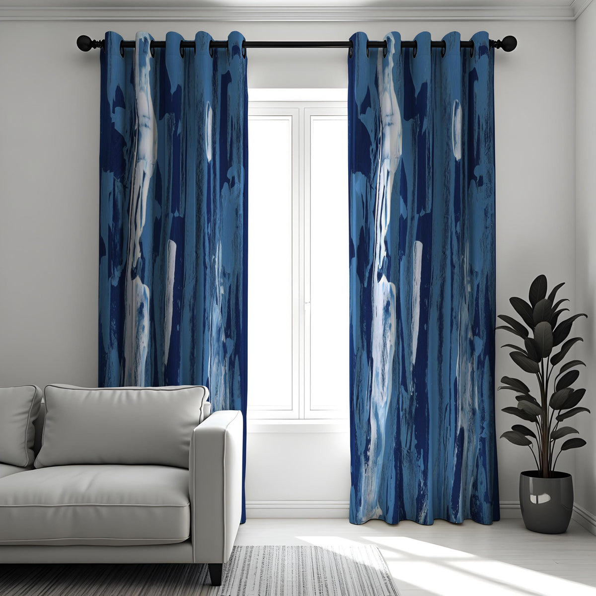 Dark Blue Waterfall Abstract Curtains, Modern Art Drapes
