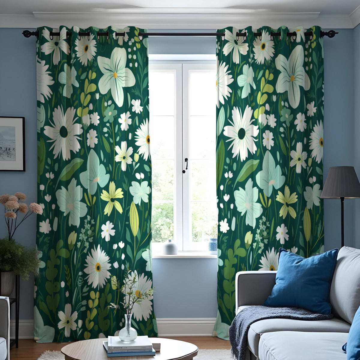 Dark Green Daisy Curtains, White Wildflower Botanical Drapes