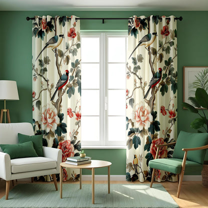 Chinoiserie Bird Curtains, Floral Botanical Custom Drapes