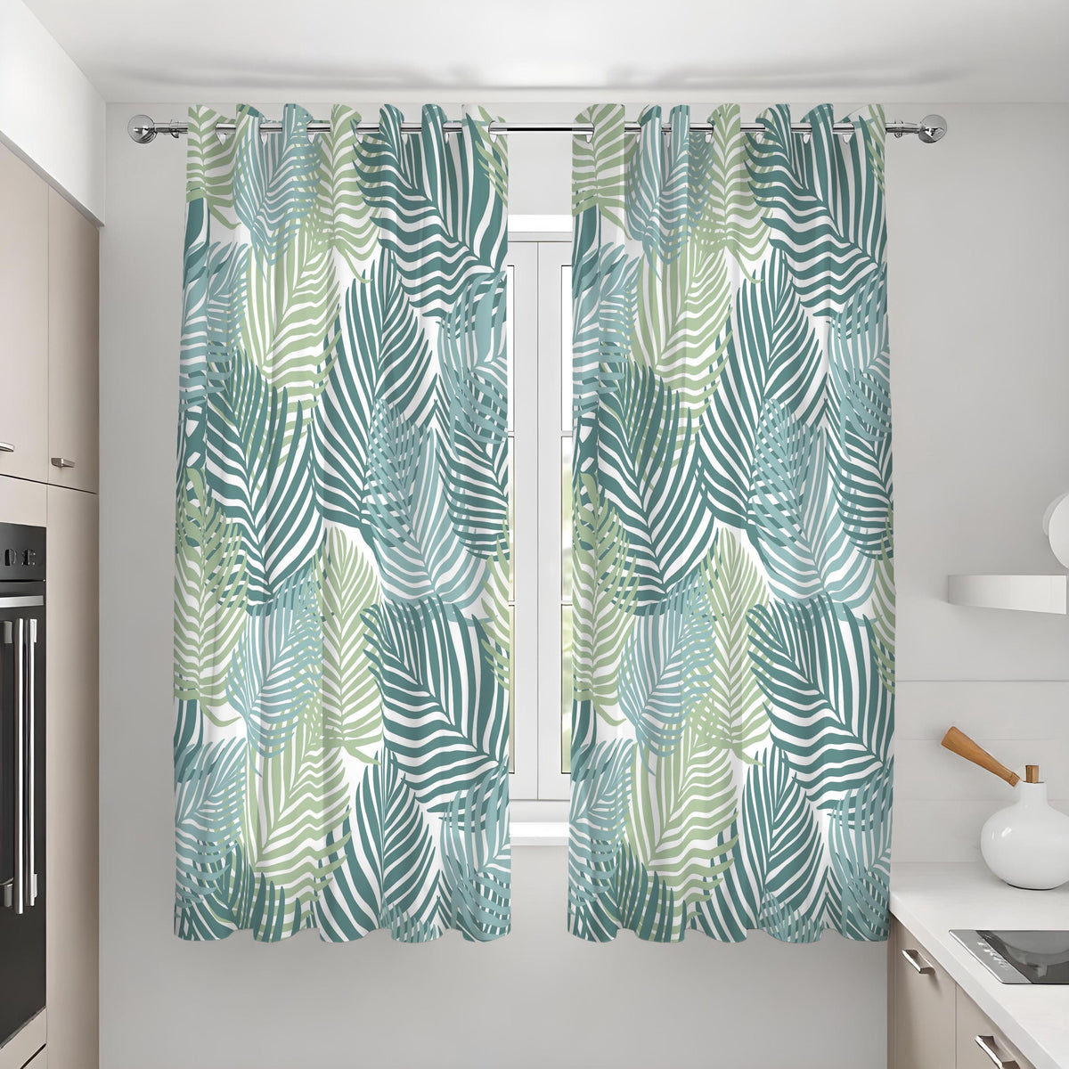 Teal & Sage Palm Leaf Curtains, Tropical Botanical Drapes