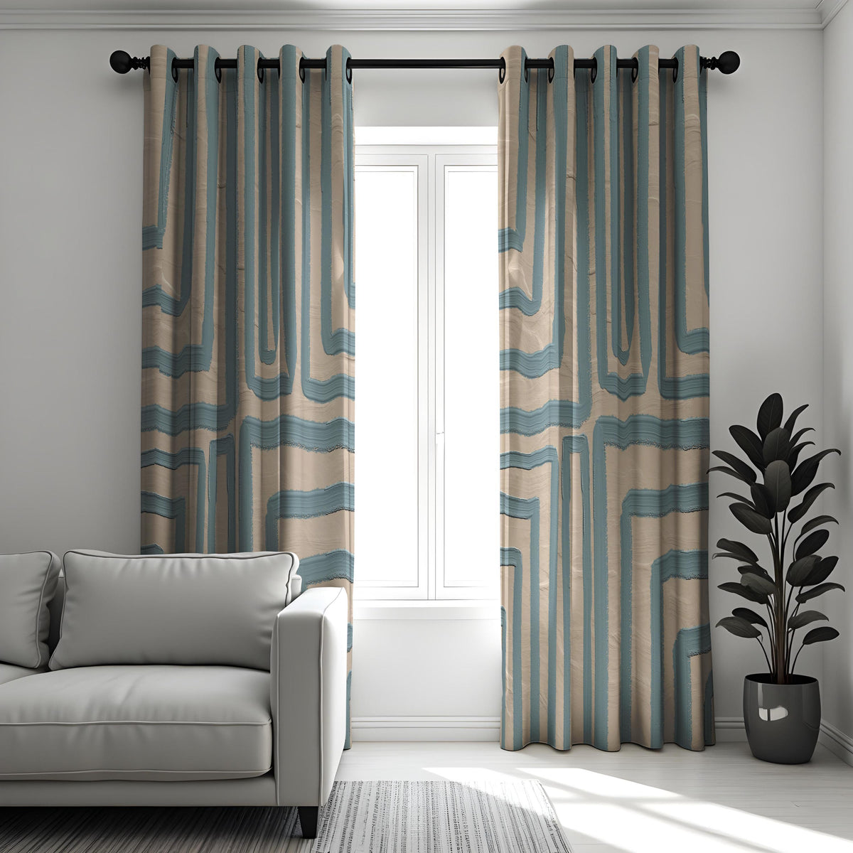 Blue Geometric Kitchen Curtains, Short Cafe Window Drapes