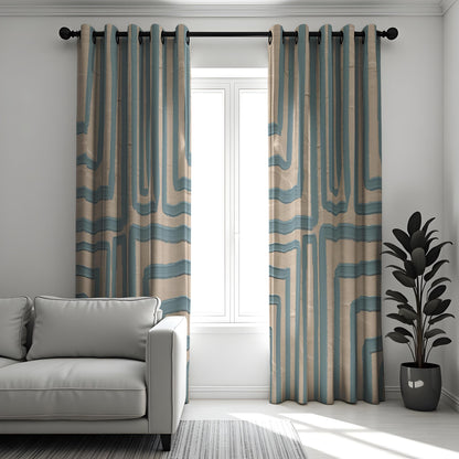 Blue Geometric Kitchen Curtains, Short Cafe Window Drapes