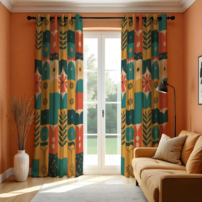 Teal Mustard Orange Mid Century Floral Curtains, Retro Drapes