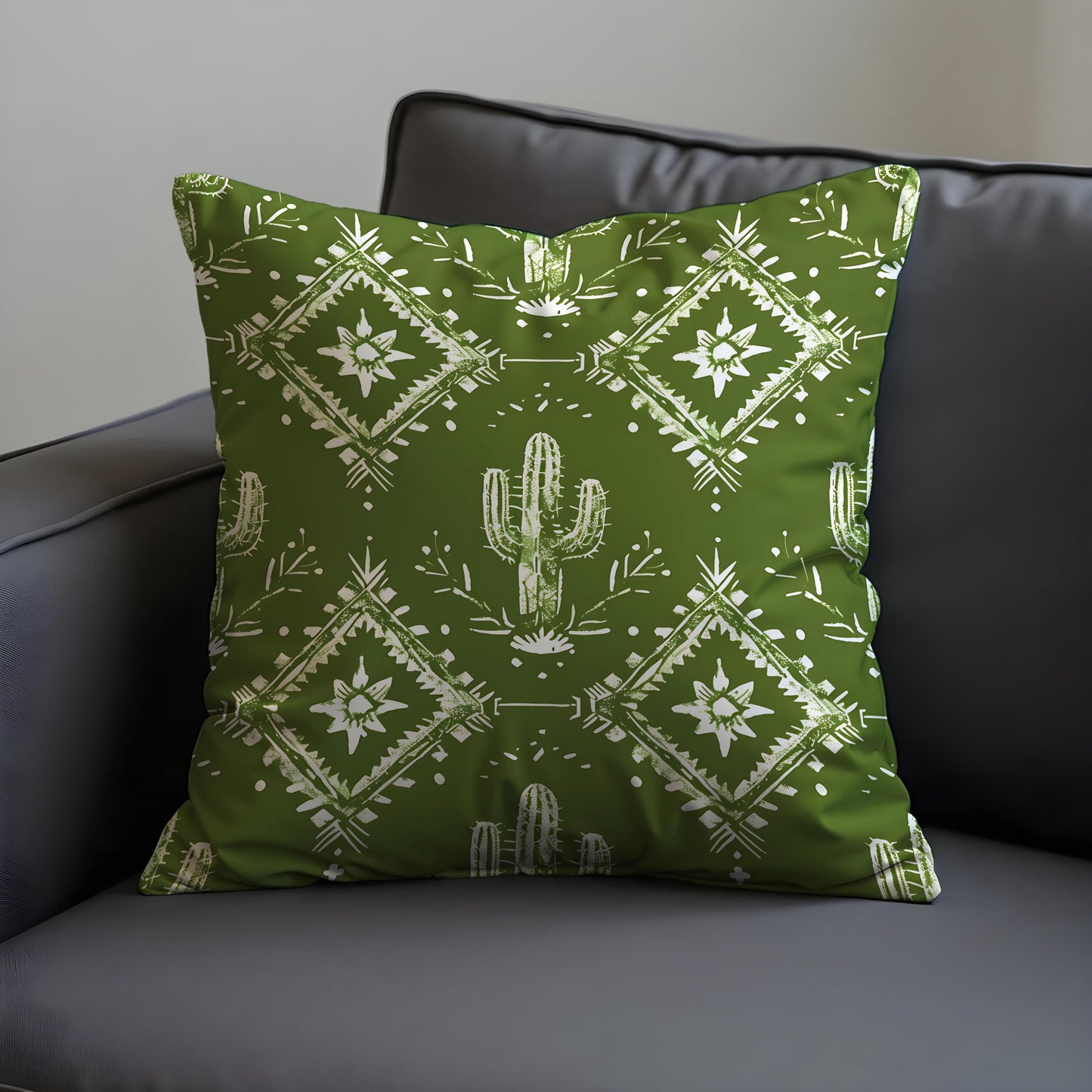 Green Southwestern Cushion Cover, Cactus and Tribal Print Pillow Case