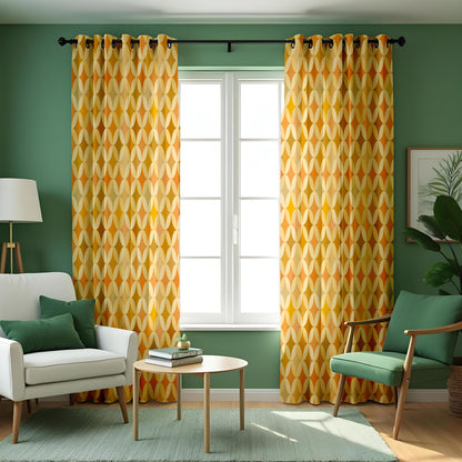 Orange Yellow Geometric Curtains, Mid Century Retro Drapes
