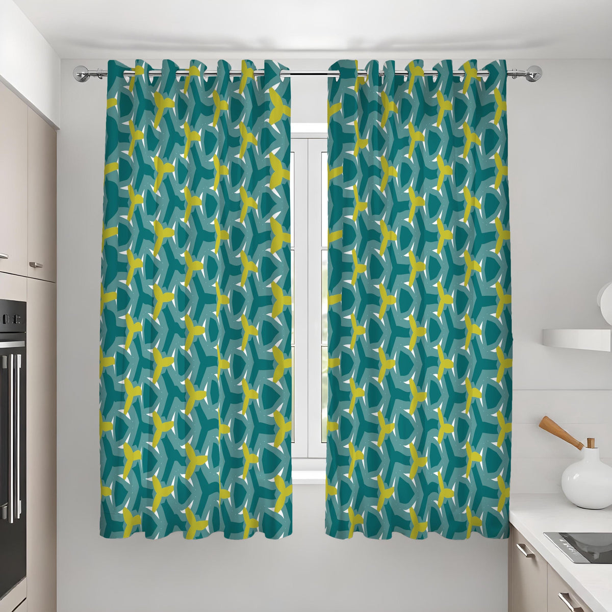 Teal Retro Geometric Curtains, Mid Century Modern Drapes
