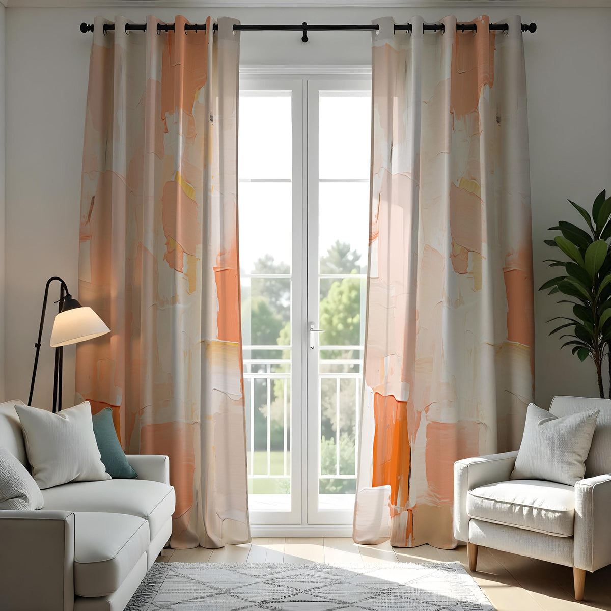 Orange Peach Terracotta Abstract Curtains, Modern Art Drapes