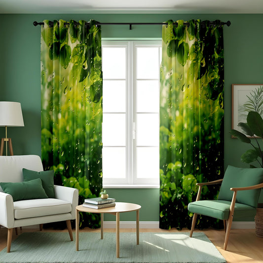 Green Leaf Water Droplet Curtains, Botanical Forest Drapes