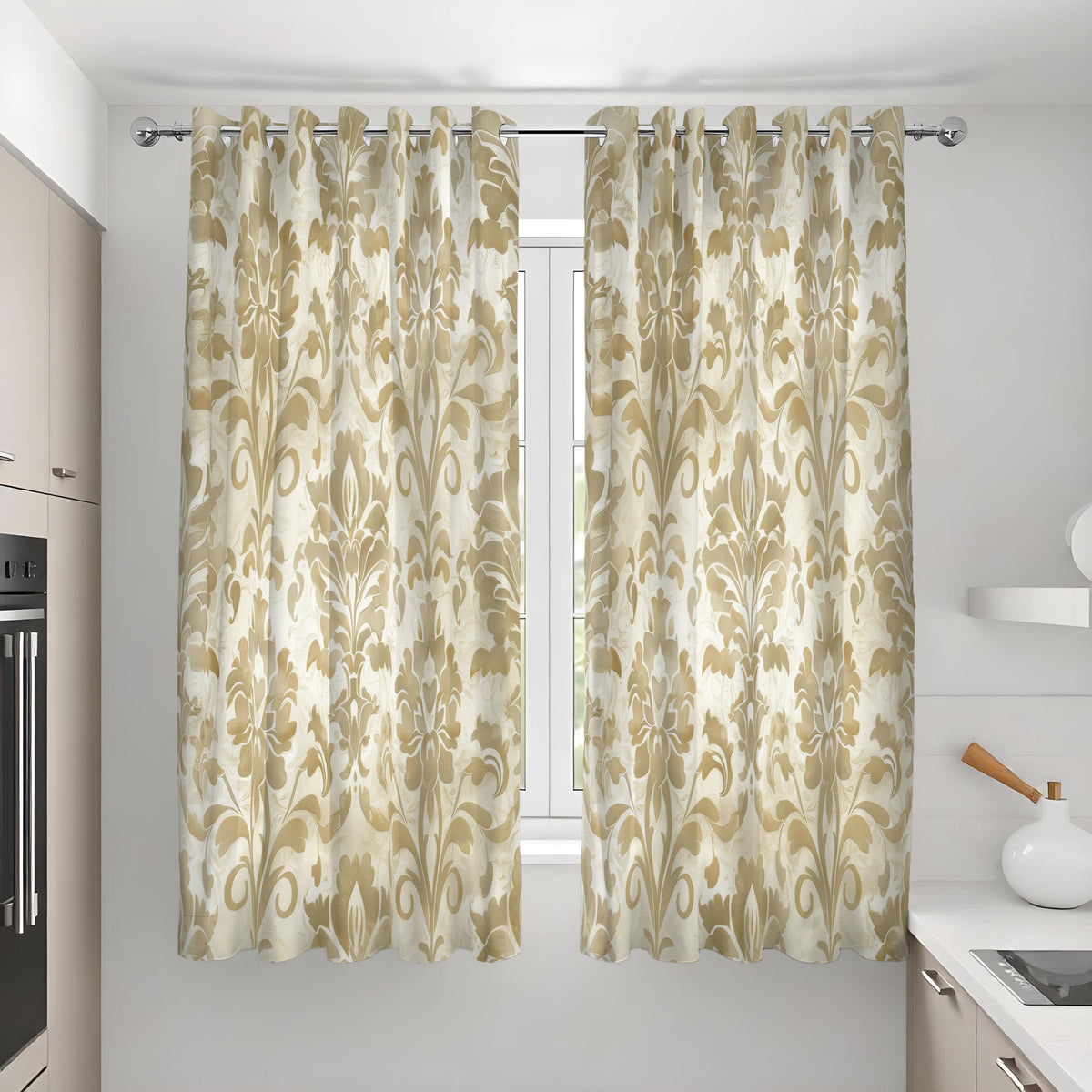 Beige & Yellow Damask Curtains, Traditional Pattern Drapes