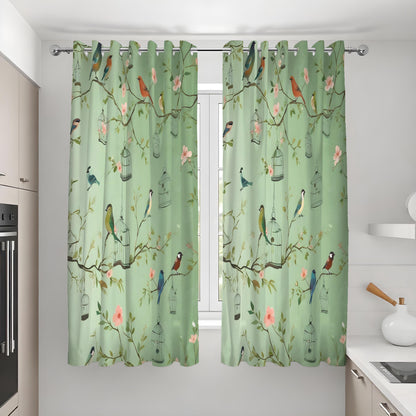 Green Bird & Branch Curtains, Nature Botanical Drapes