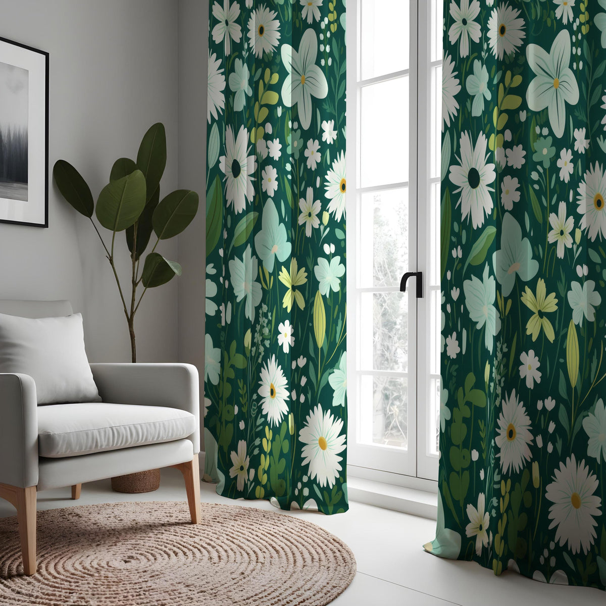 Dark Green Daisy Curtains, White Wildflower Botanical Drapes