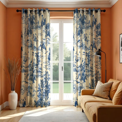 Blue Toile Curtains, French Country Pastoral Scene Drapes