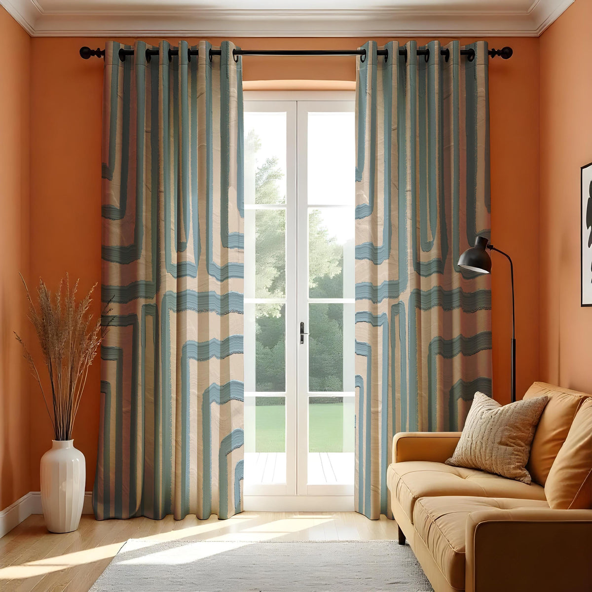 Blue Geometric Kitchen Curtains, Short Cafe Window Drapes