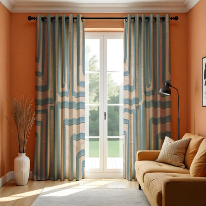 Blue Geometric Kitchen Curtains, Short Cafe Window Drapes