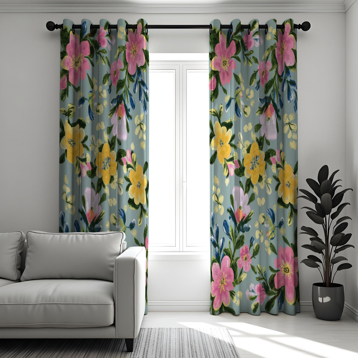 Yellow & Pink Watercolor Floral Curtains, Botanical Drapes