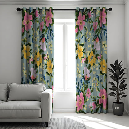 Yellow & Pink Watercolor Floral Curtains, Botanical Drapes