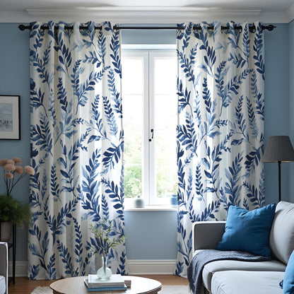 Blue Watercolor Leaf Curtains, Botanical Nature Drapes