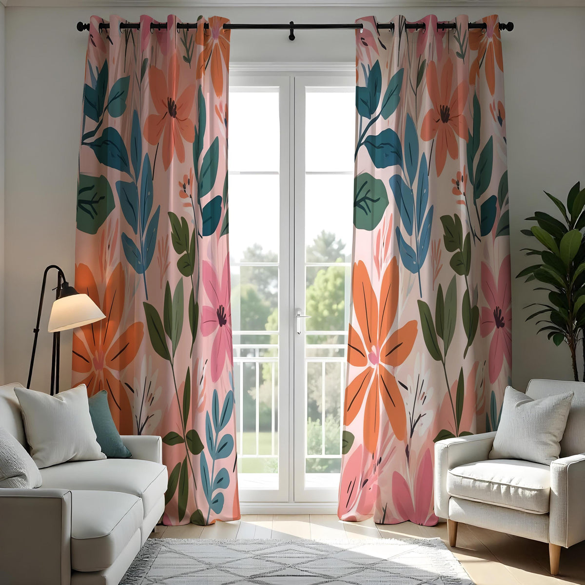 Peach Floral Curtains, Teal & Orange Leaf Botanical Drapes