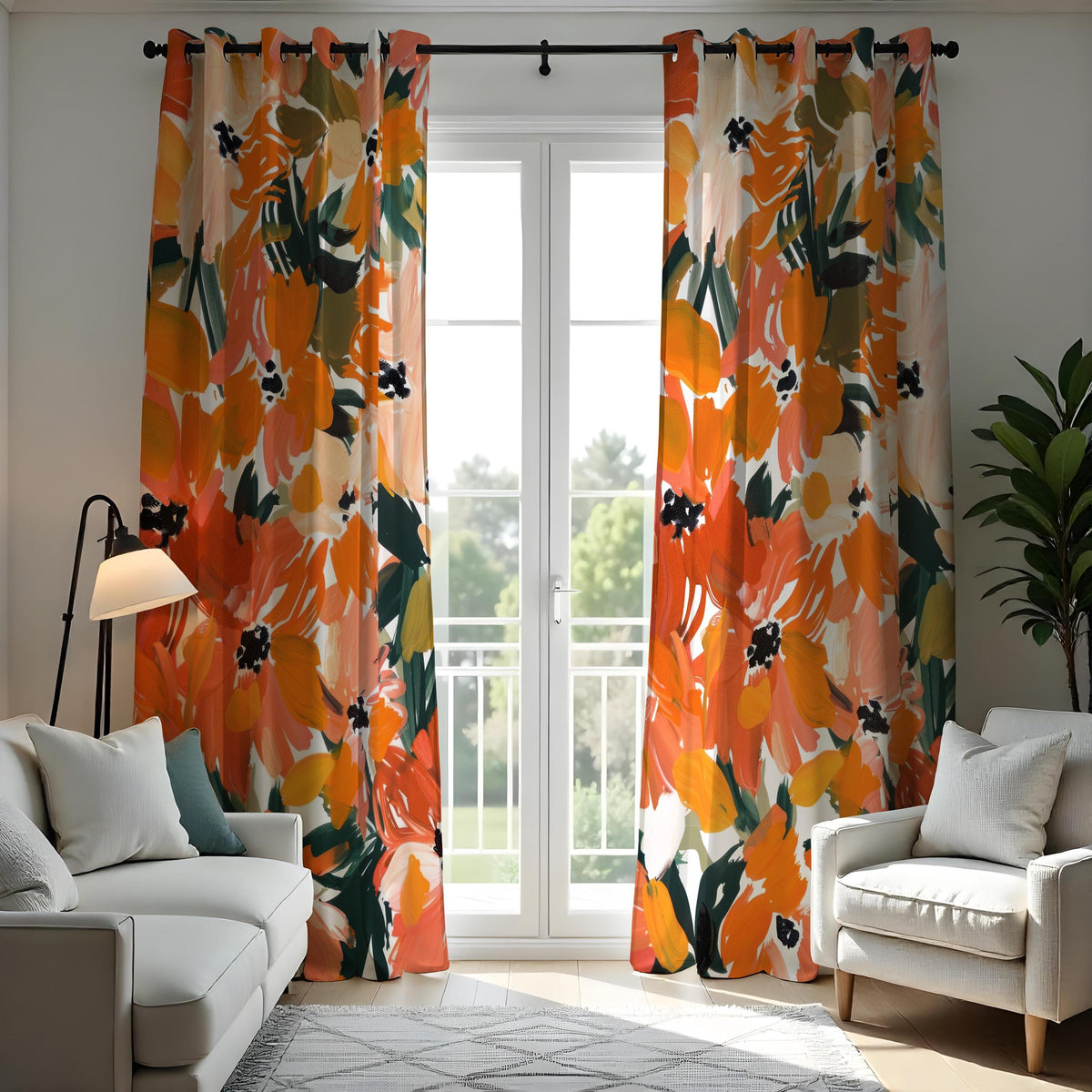 Orange Abstract Floral Curtains, Painterly Botanical Drapes