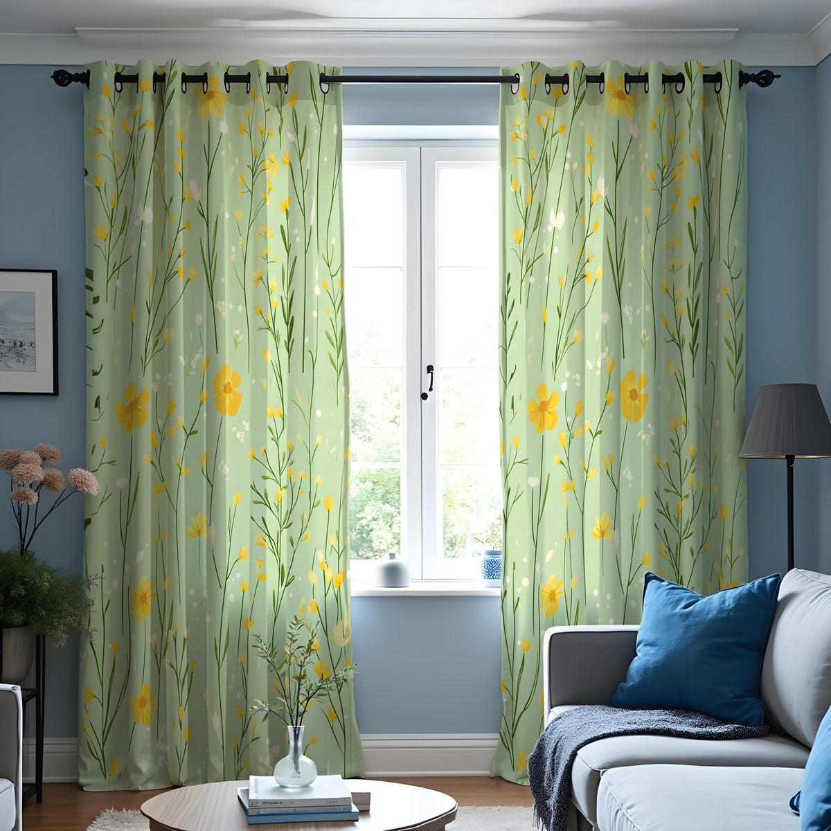 Light Green Meadow Curtains, Yellow Wildflower Drapes