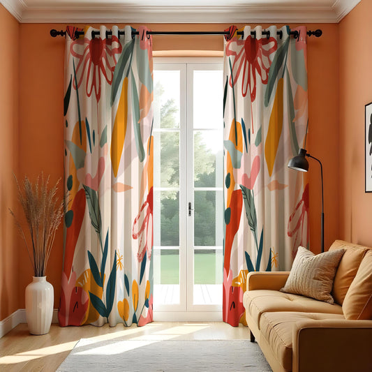 Colorful Abstract Floral Curtains, Artistic Flower Drapes