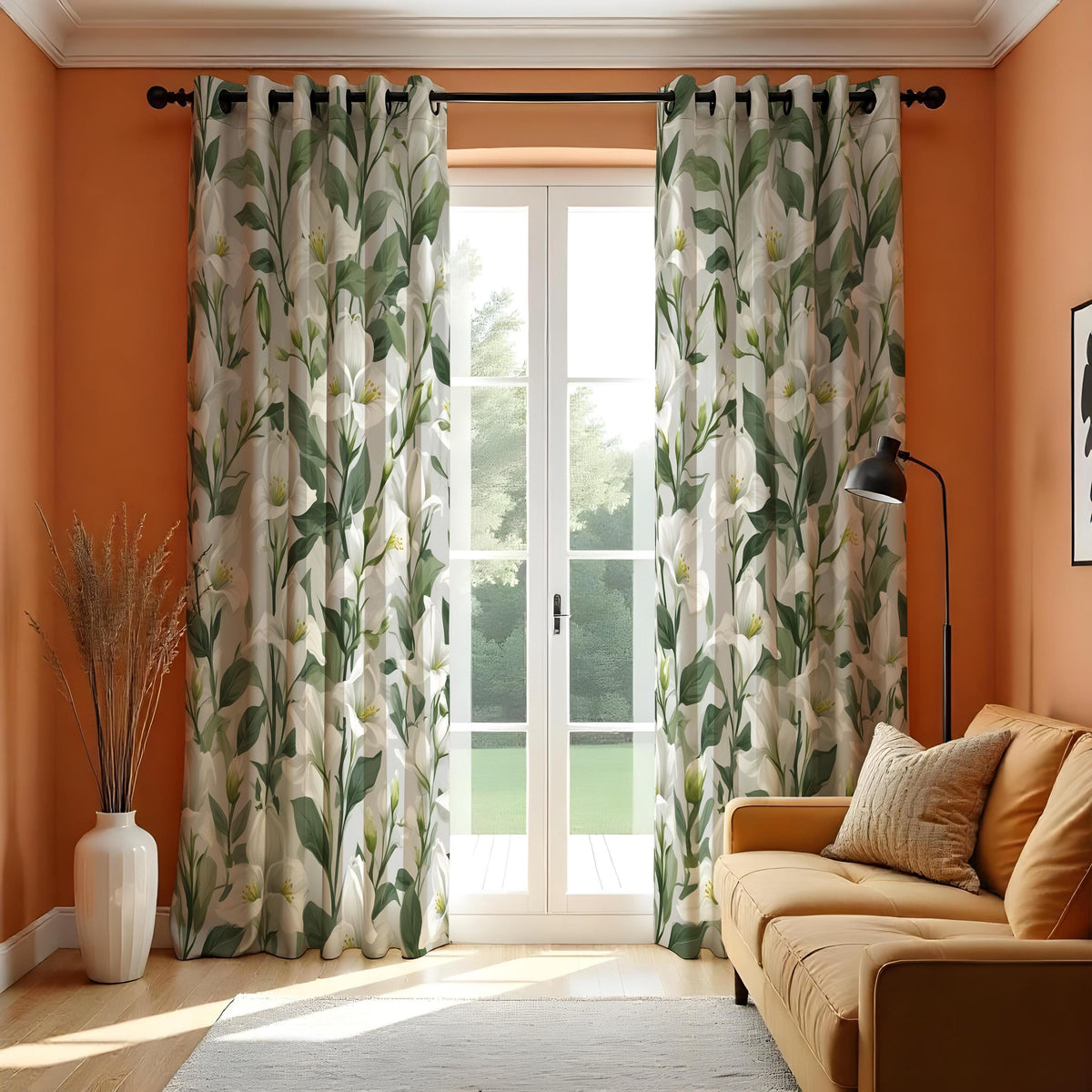 Calla Lily Curtains, White Floral & Green Leaf Drapes