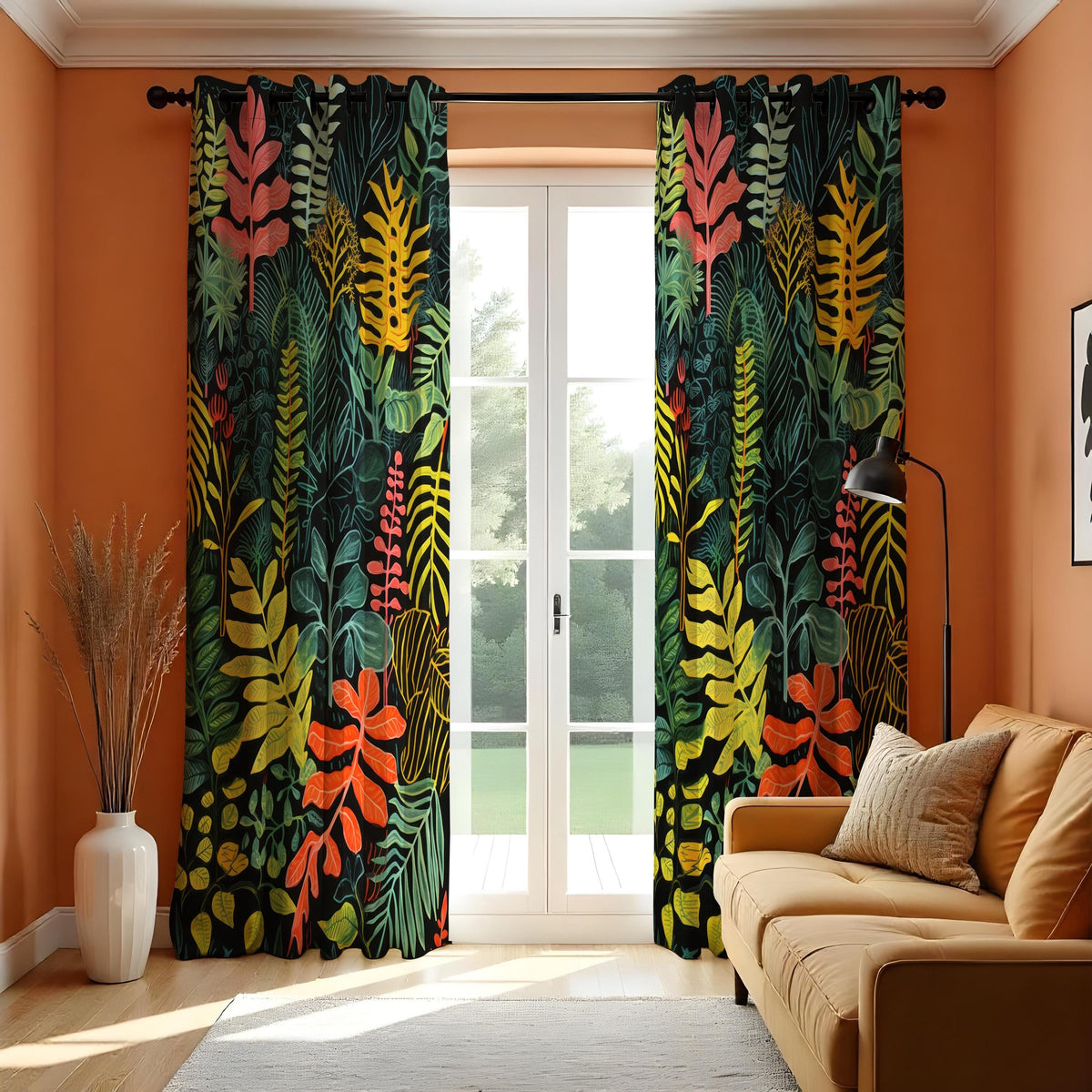 Colorful Tropical Leaf Curtains, Jungle Botanical Drapes