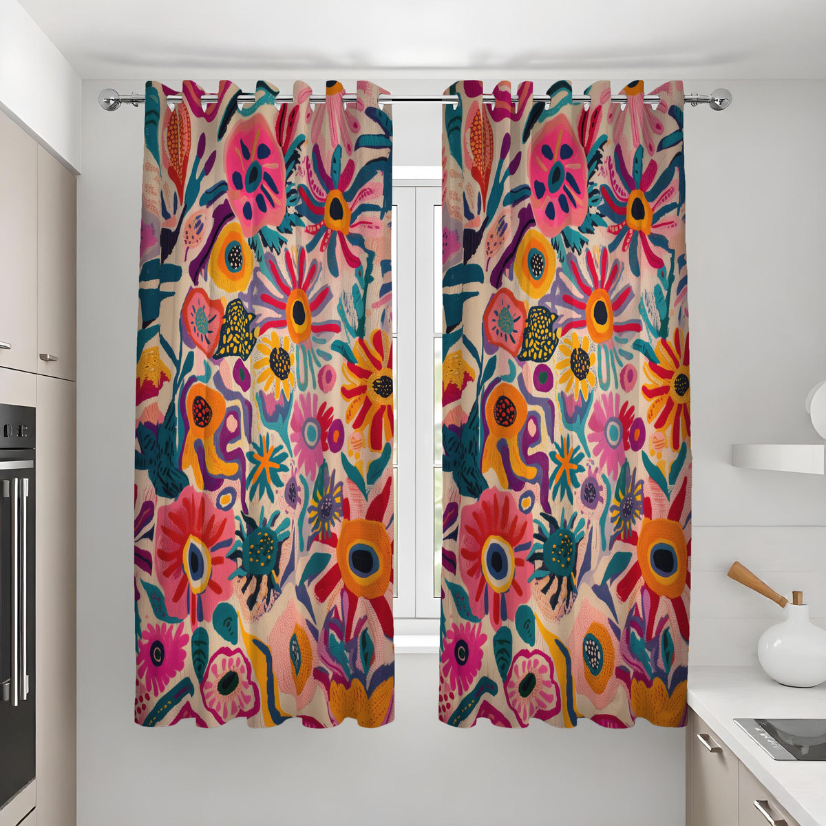 Vibrant Boho Floral Curtains, Folk Art Flower Drapes