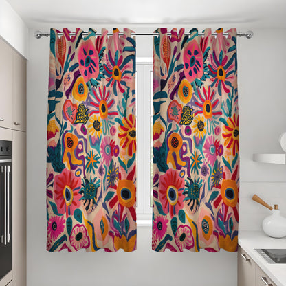 Vibrant Boho Floral Curtains, Folk Art Flower Drapes