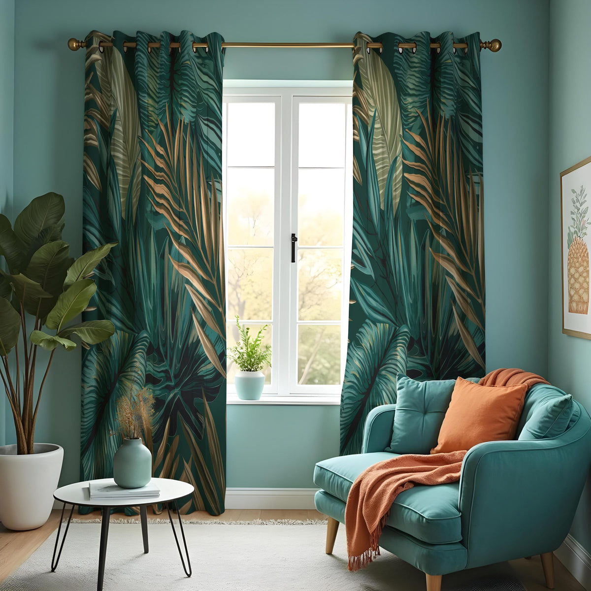 Dark Tropical Leaf Curtains, Jungle Botanical Print Drapes
