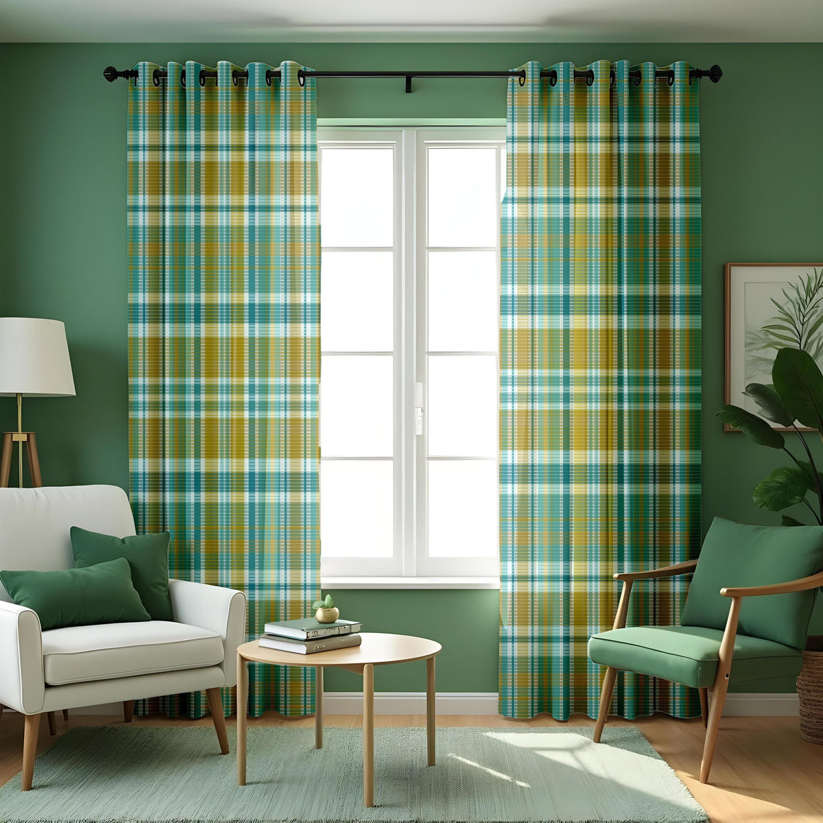 Green Plaid Check Curtains, Farmhouse Style Window Drapes