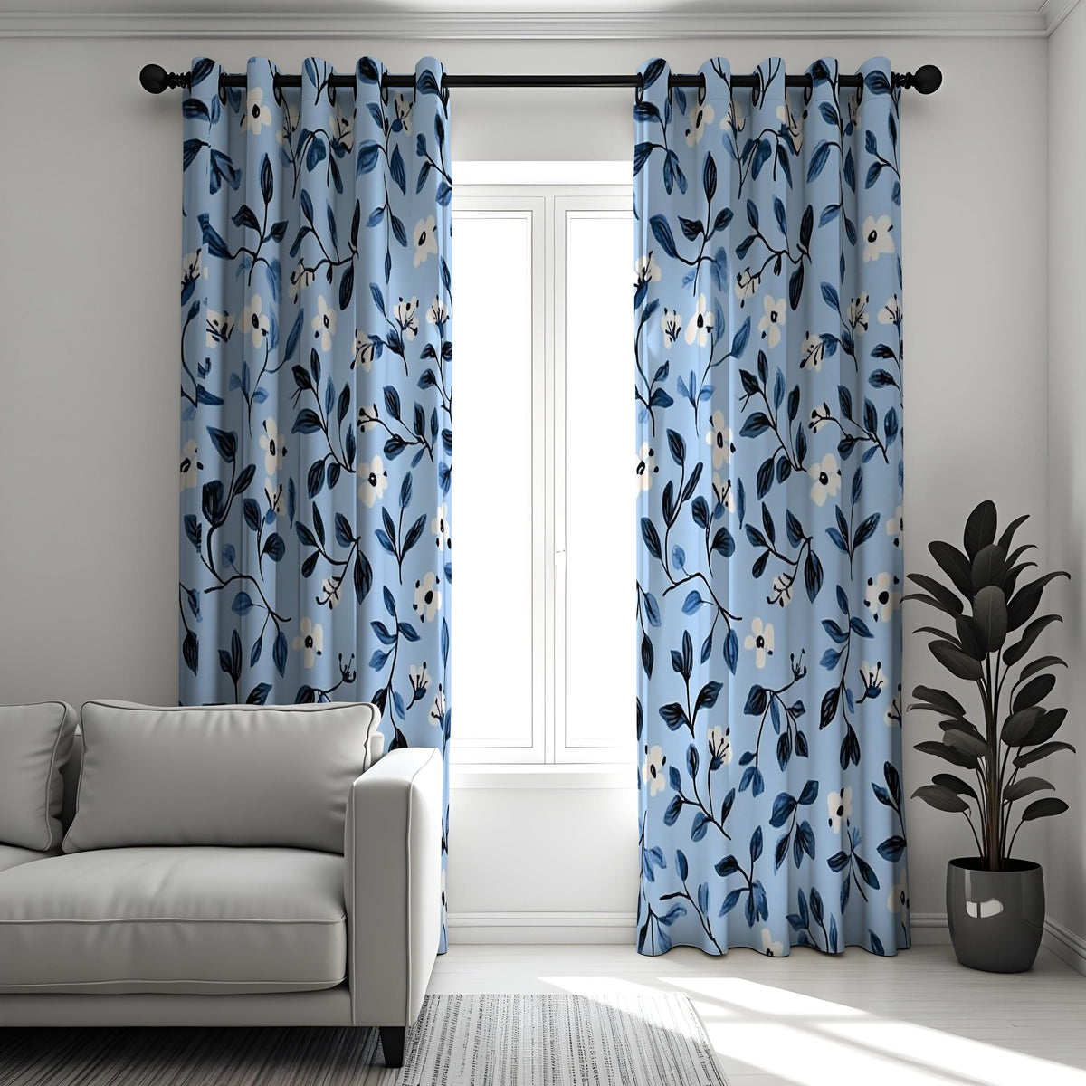 Navy Blue Leaf Curtains, Floral Botanical Custom Drapes