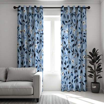 Navy Blue Leaf Curtains, Floral Botanical Custom Drapes
