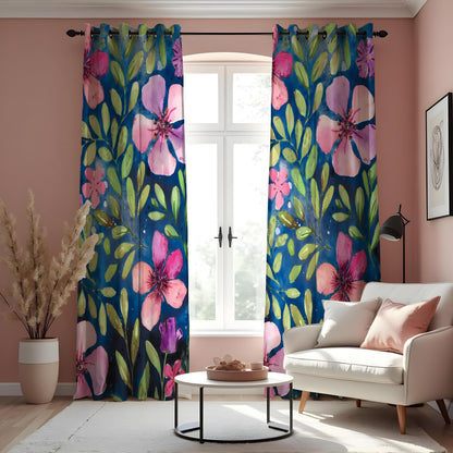 Navy Pink Watercolor Floral Curtains, Botanical Drapes