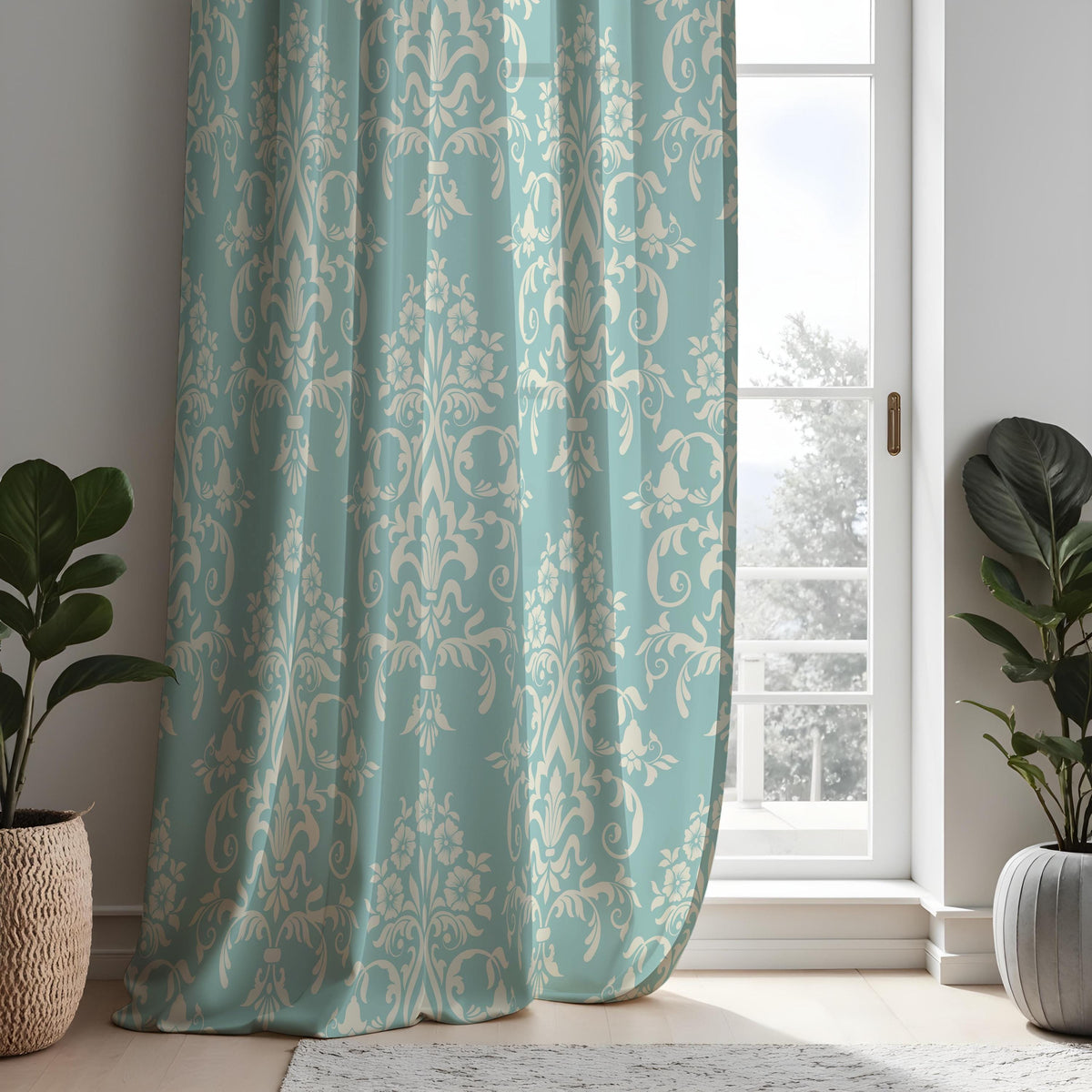 Teal Damask Curtains, Classic Floral Pattern Window Drapes